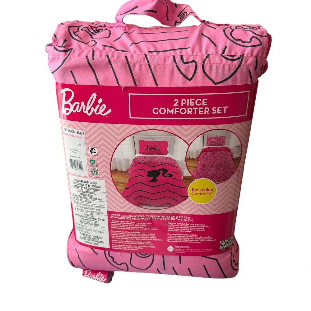 Barbie 2 Piece Reversible Comforter Set Twin Full Pink Chevron Silhouette New